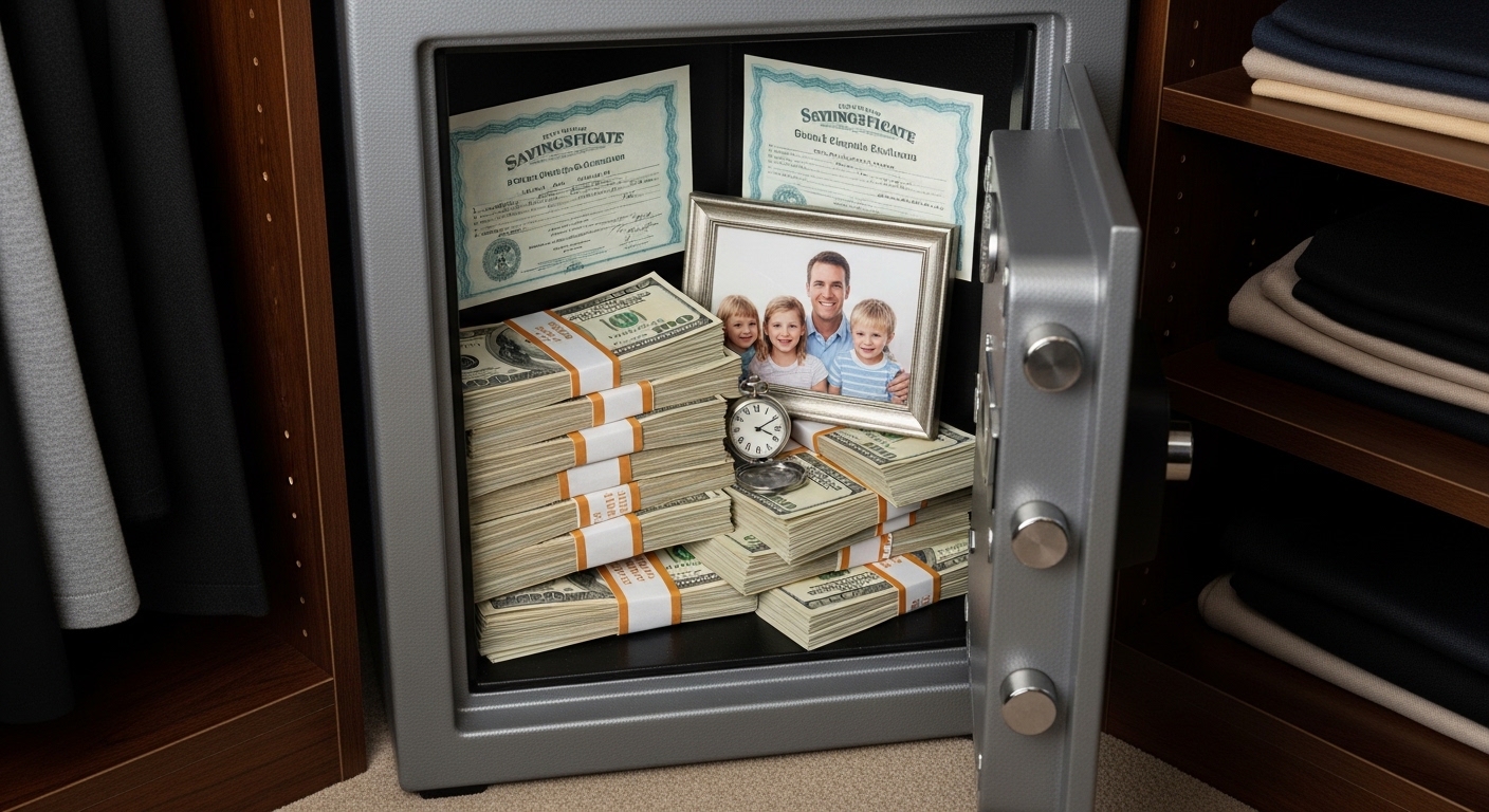 Caja fuerte abierta con fajos de billetes, certificados de ahorro y foto familiar, representando el fondo de emergencia del autónomo