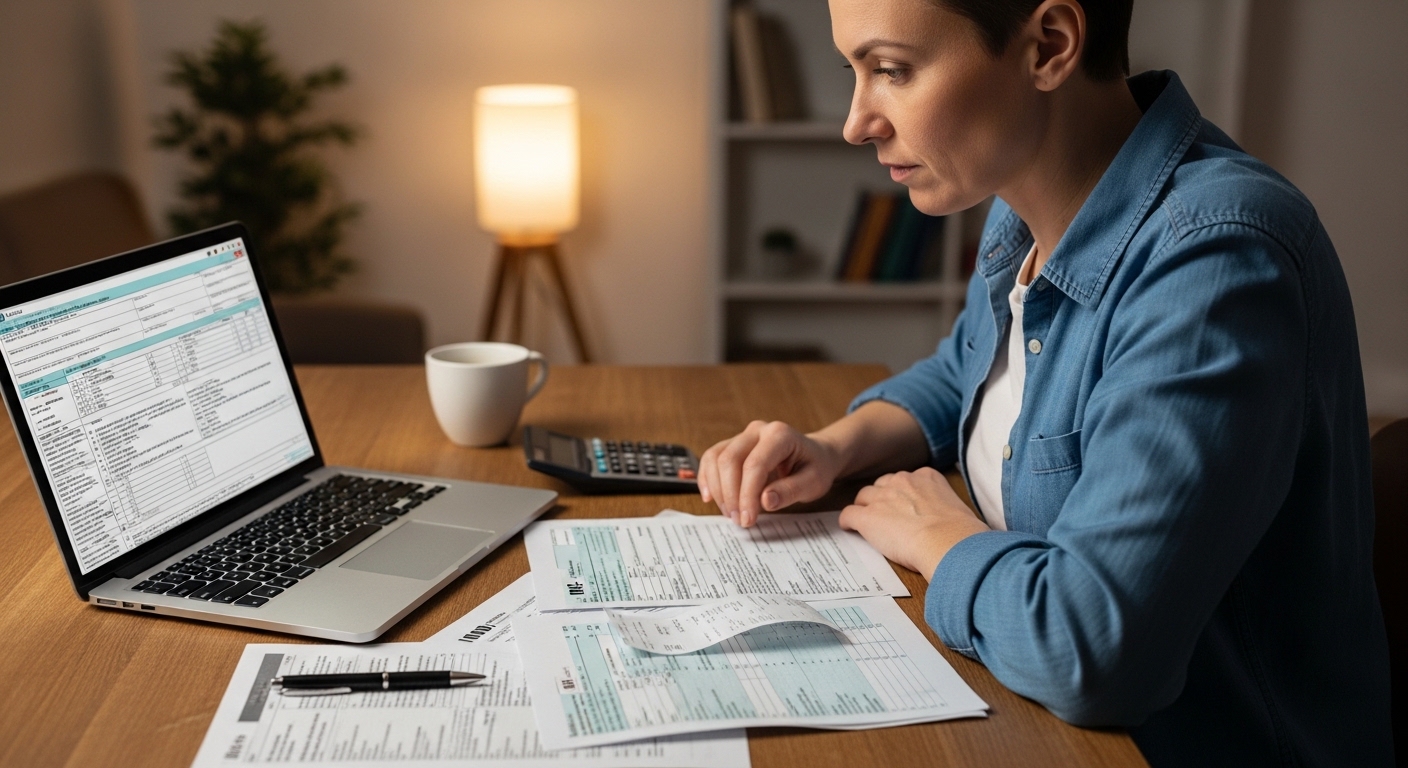 Mujer revisando documentos fiscales de la declaración de la renta junto a un portátil con formularios tributarios, calculadora y taza sobre la mesa