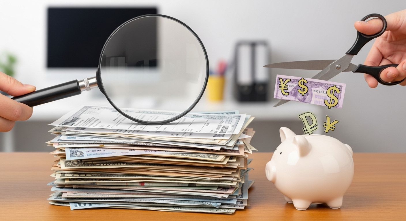 Lupa sobre pila de facturas junto a hucha y tijeras recortando billetes, ilustrando la deducción de gastos del autónomo