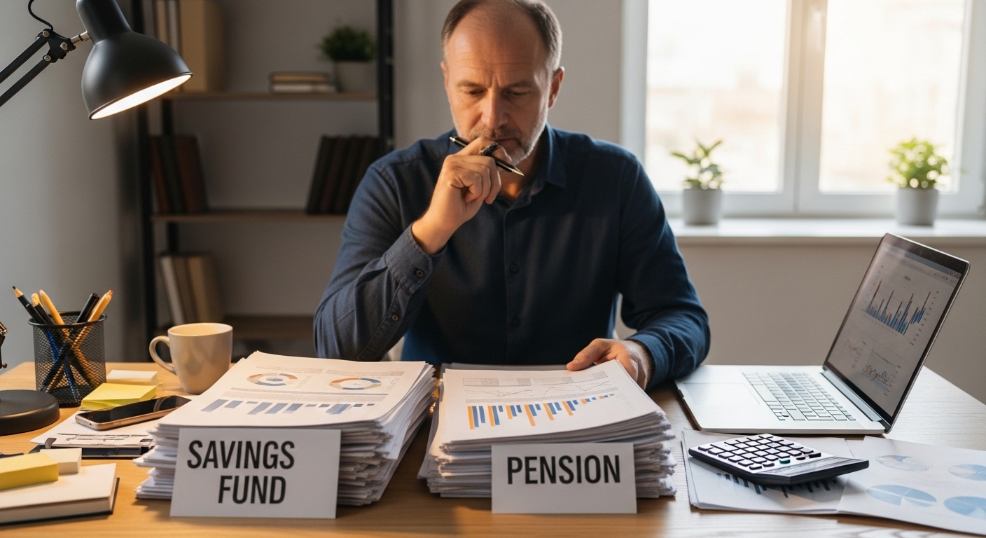 Autónomo de mediana edad pensativo comparando carpetas de ahorro y pensión con calculadora y gráficos financieros sobre la mesa