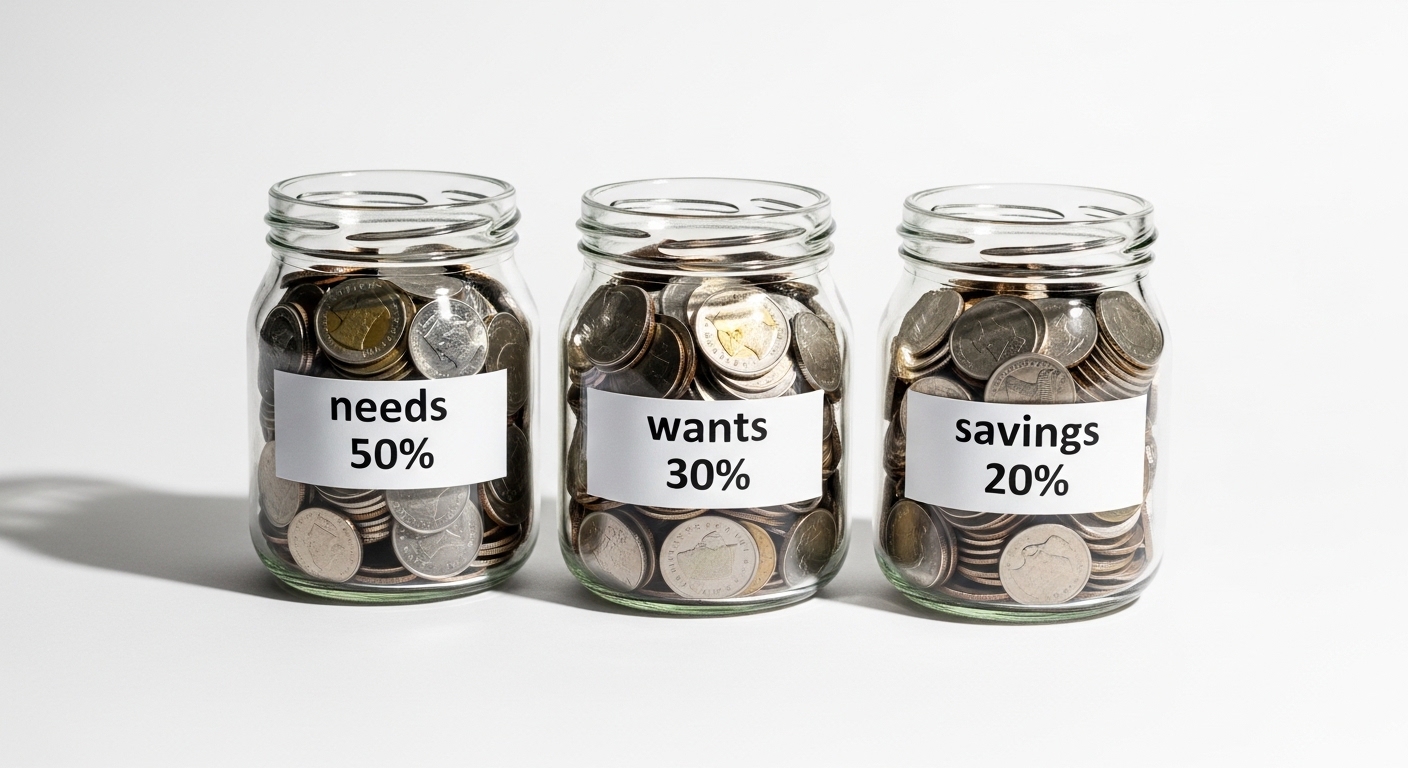 Diagrama circular que muestra cómo dividir el sueldo: 50% necesidades, 30% deseos, 20% ahorro